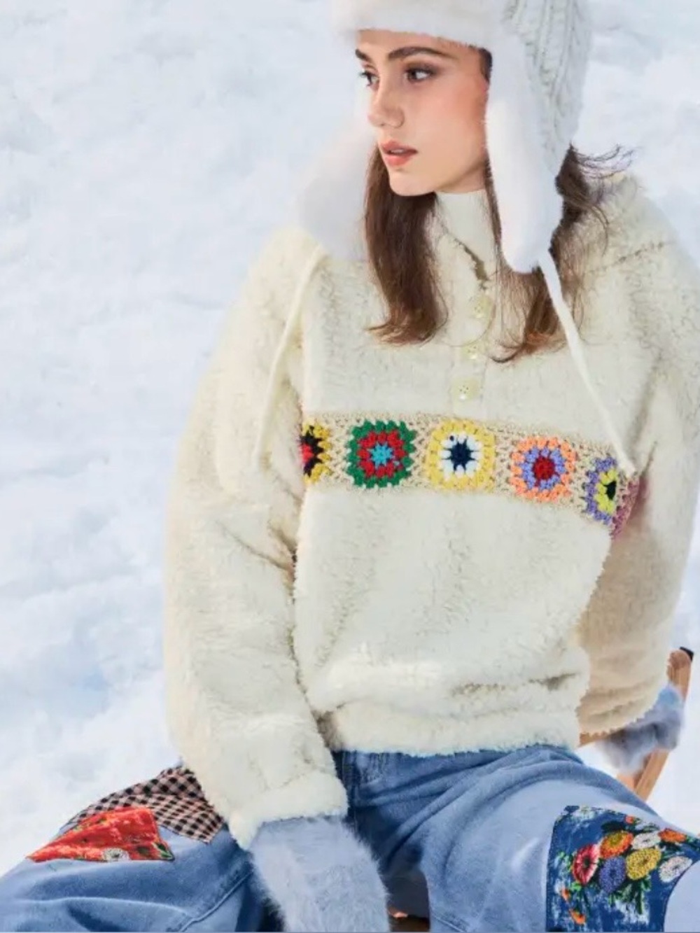 Cider Teddy Fleece Pullover Vibrant Crochet Squares